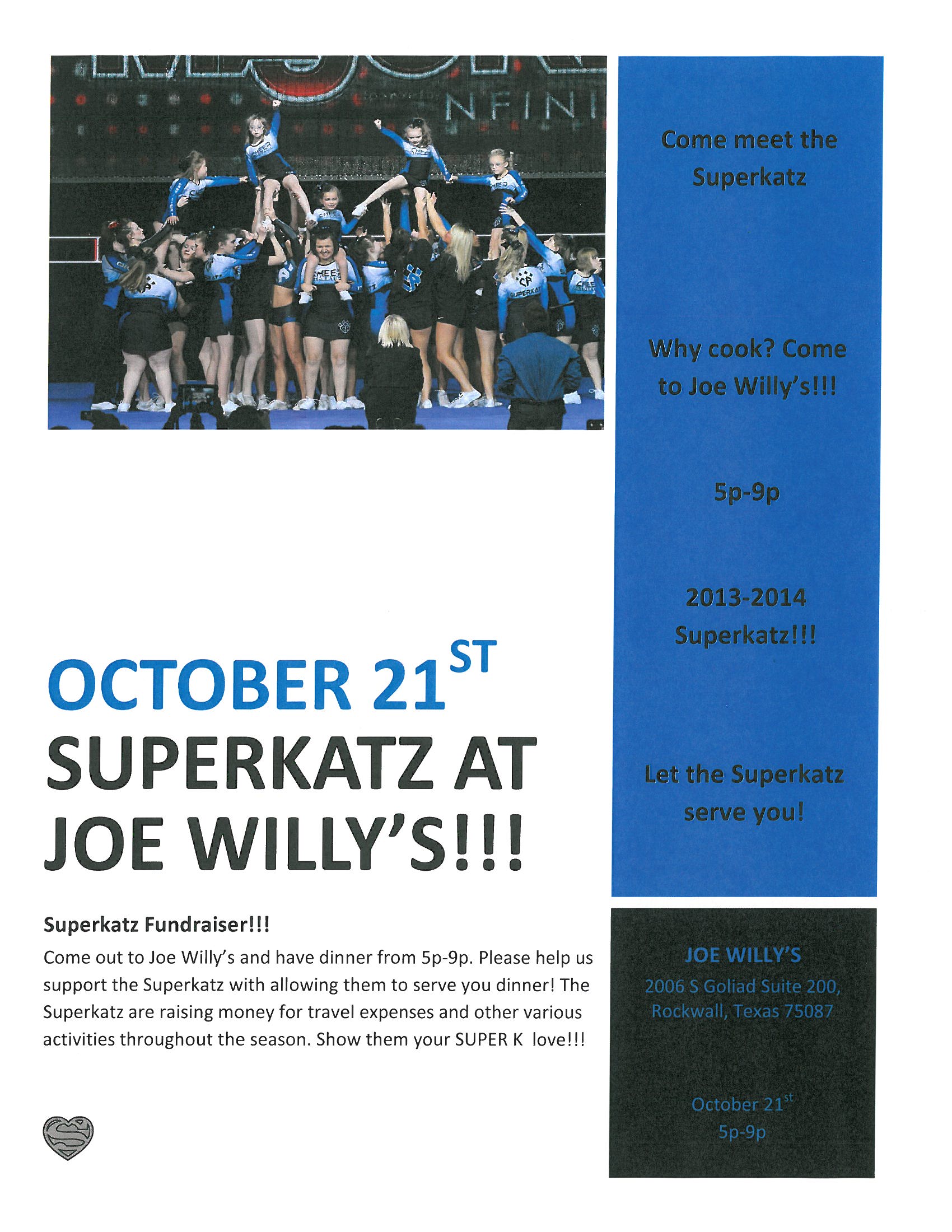 Superkatz cheer team fundraising event at Joe Willy’s Oct 21