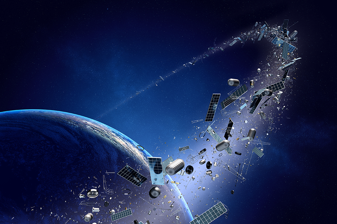 Space junk orbiting around earth – Conceptual of pollution around our planet – 3D Artwork