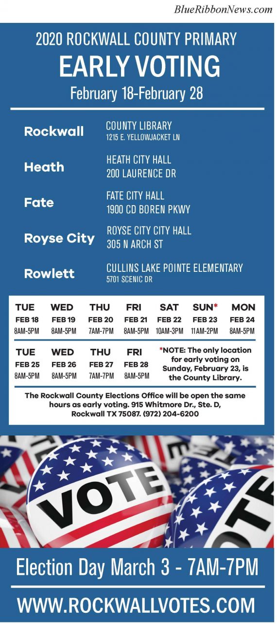 Rockwall County Primary Election early voting locations, hours Blue