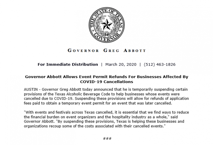 Governor Abbott allows event permit refunds for businesses affected by COVID-19 cancellations