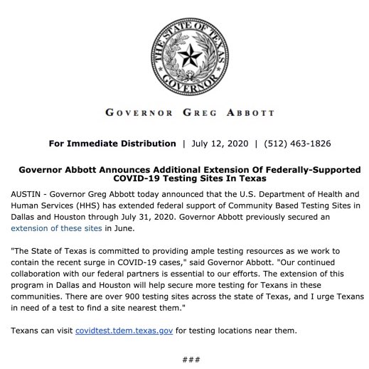 Governor Abbott announces additional extension of federally-supported COVID-19 testing sites in Texas