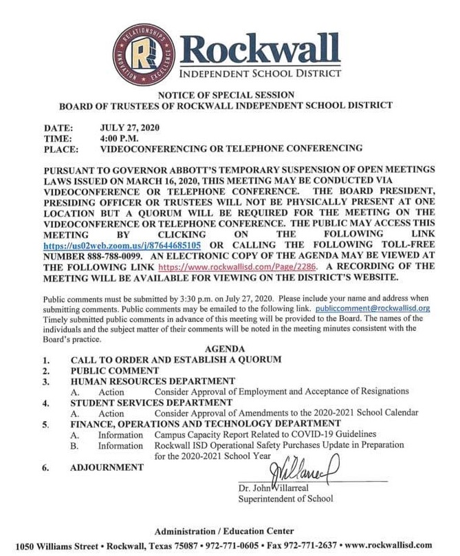 Notice of Rockwall ISD Board of Trustees Special Session Monday, July 27