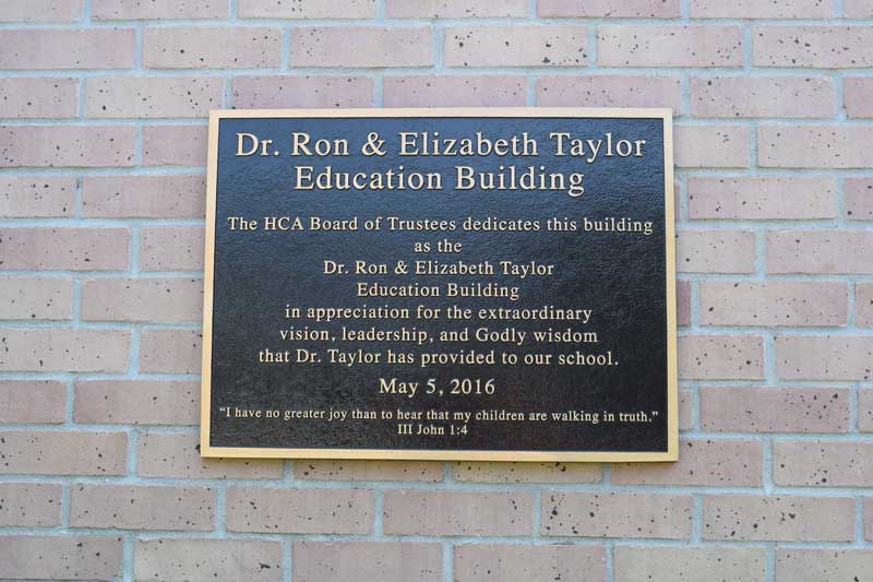 Plaque dedicated to Dr. Ron Taylor at Heritage Christian Academy