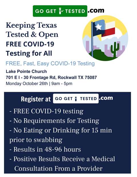 Free COVID-19 testing at Lake Pointe Church in Rockwall Monday