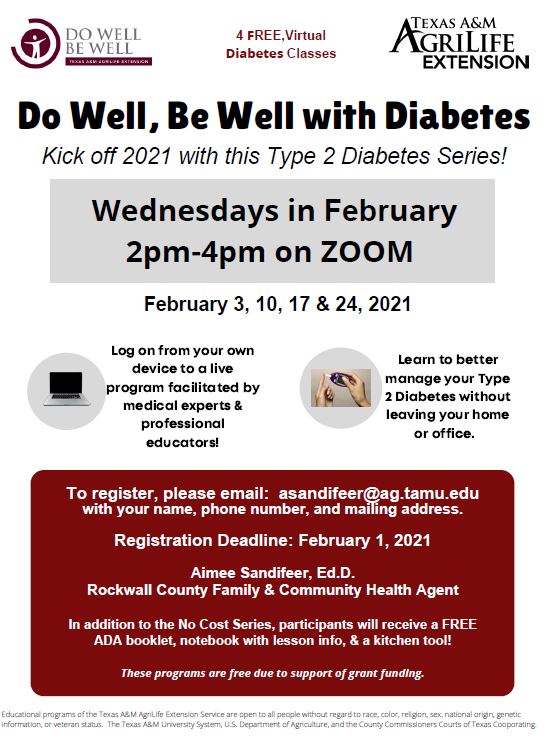 Free, virtual Diabetes series offered through Texas A&M AgriLife Extension Service-Rockwall County Free, virtual Diabetes series offered through Texas A&M AgriLife Extension Service-Rockwall County