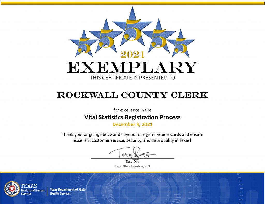 Rockwall County Clerk earns prestigious 5 Star Exemplary Award Blue