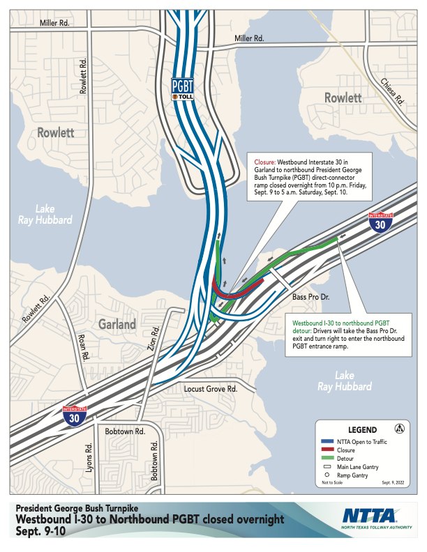 NTTA Traffic Advisory: WB I-30 to NB PGBT closed overnight, Sept. 9-10