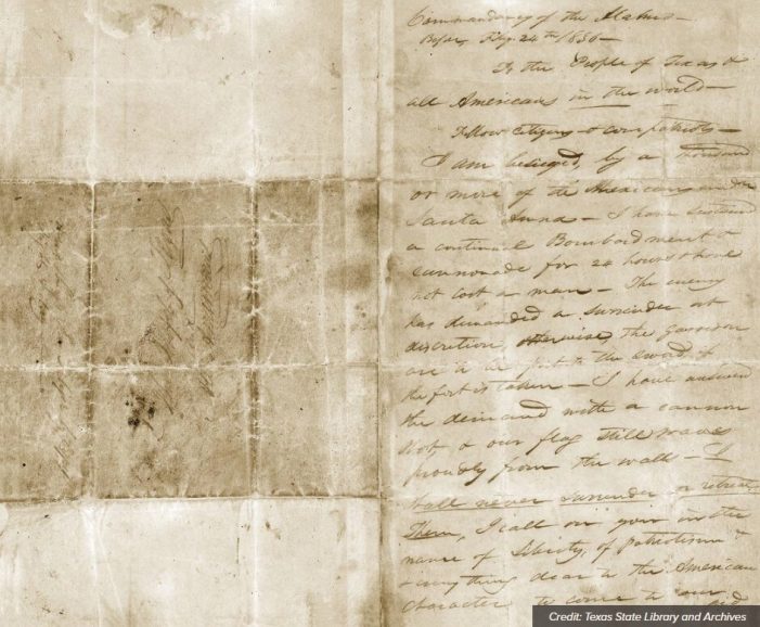 William B. Travis letter returns to the Alamo