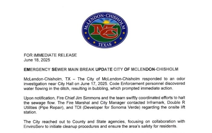 Update from City of McLendon-Chisholm: Emergency sewer main break