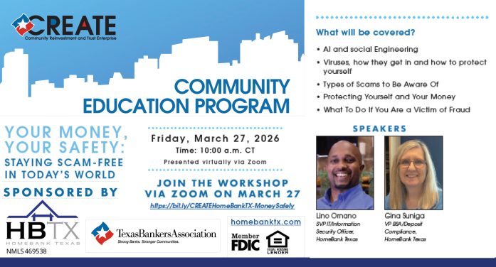 Your Money, Your Safety: HomeBank Texas offers free virtual workshop on fraud prevention