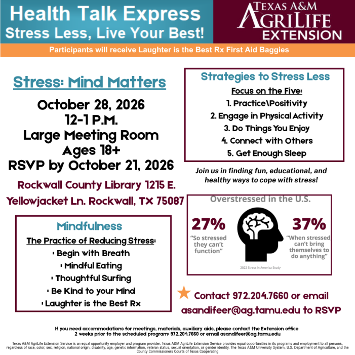 ‘Stress Less’ program at Rockwall library Oct. 28