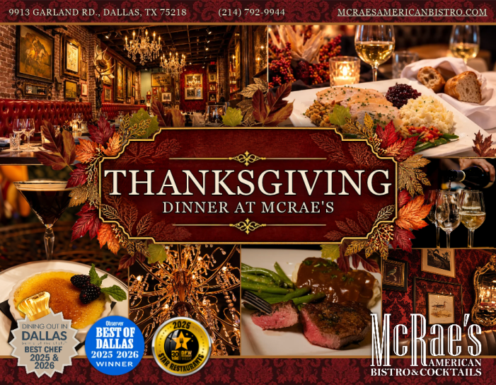 Celebrate Thanksgiving at Dallas’ Best All-Around Restaurant with a Chef-Prepared Holiday Feast at McRae’s